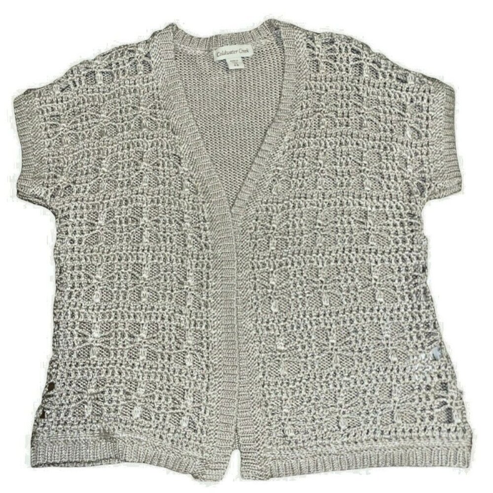 Coldwater Creek Khaki Tan XS BOHO Bohemian Crochet Knit Open Front Cardigan